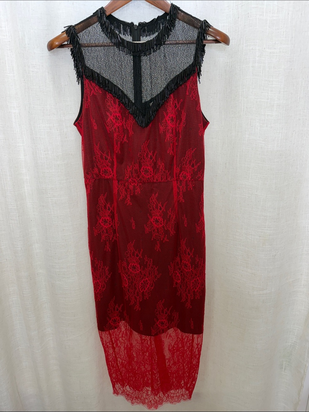 Diane Von Furstenberg Red Lace Dress with Black Beaded Fringe Yoke Size 10